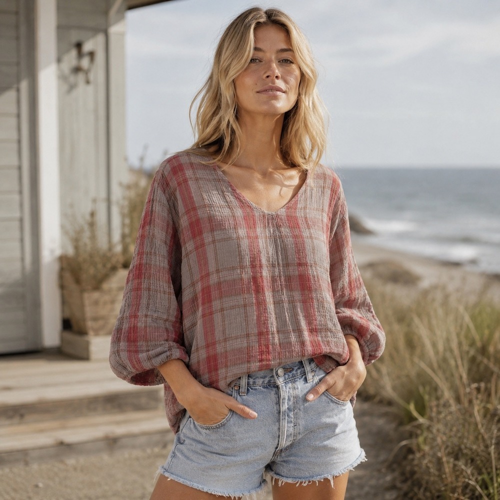 CP Shades x Free People Blouse Women Large Red Plaid Gauze V-Neck 3/4 Sleeve